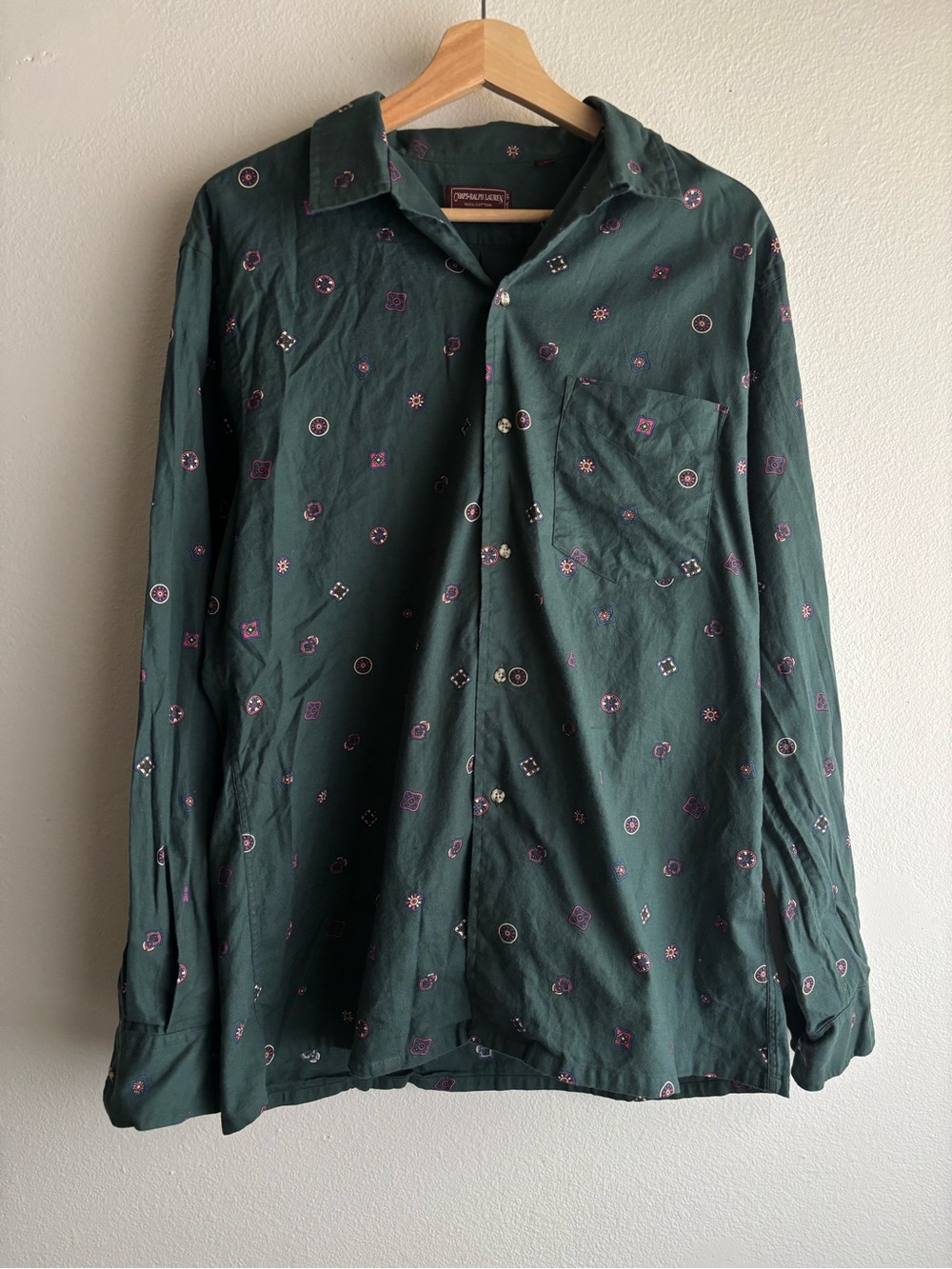 Vintage Chaps Ralph Lauren Men’s Button Down Shirt Hunter Green Medallion Print